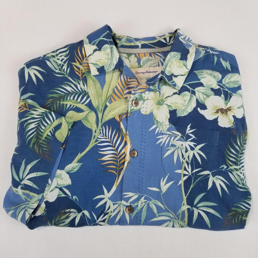 Tommy Bahama Shirt Mens Medium Blue 100% Silk Hawaiian Floral Loop Collar Camp